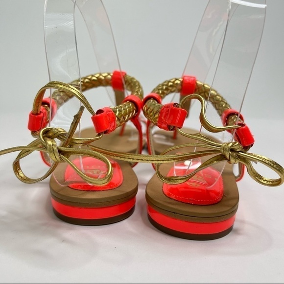 NEW Isolá Bright Neon Coral Cleopatra Gold Braided Tie Back Thong Sandals - Picture 3 of 14